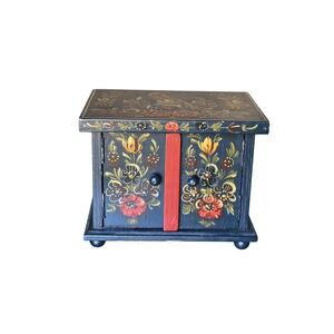 Small Vintage Blue Jewelry Box, 2 Drawers, Handpainted Flowers & Bird